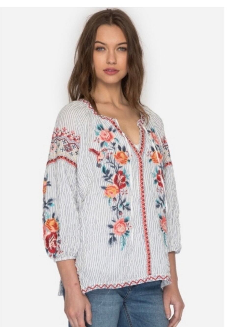 Johnny Was | Nadia Peasant Blouse Florals Embroidery Cotton Size XS